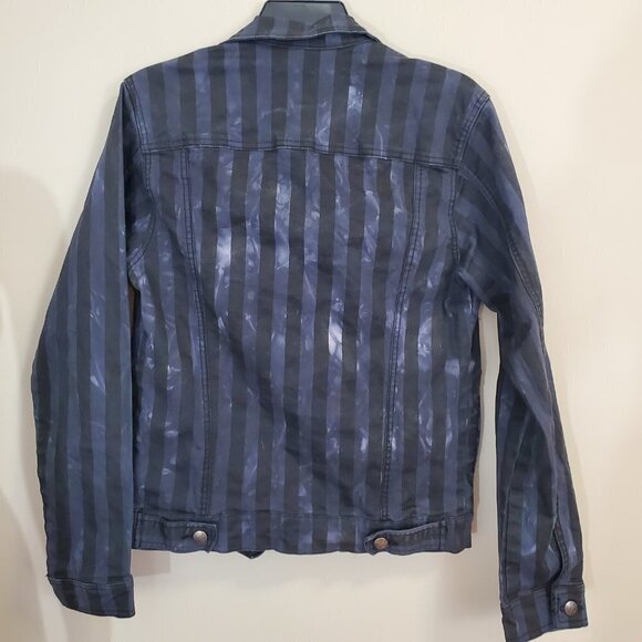 HTF Tripp NYC Blue Denim Jeans Jacket Bleached Striped Stretch Punk Emo Size S - Picture 6 of 8